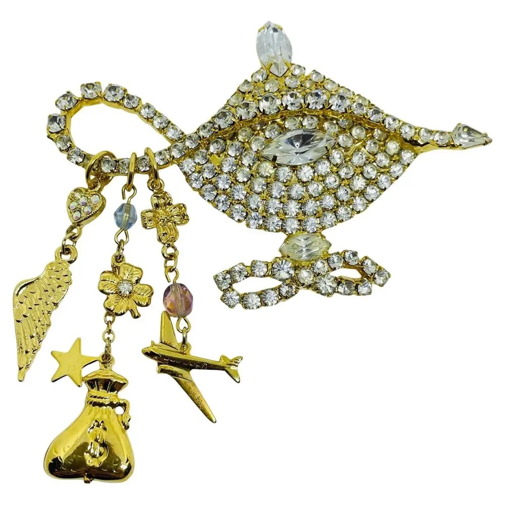 KIRKS FOLLY signed gold tone rhinestone Aladdin lamp designer brooch